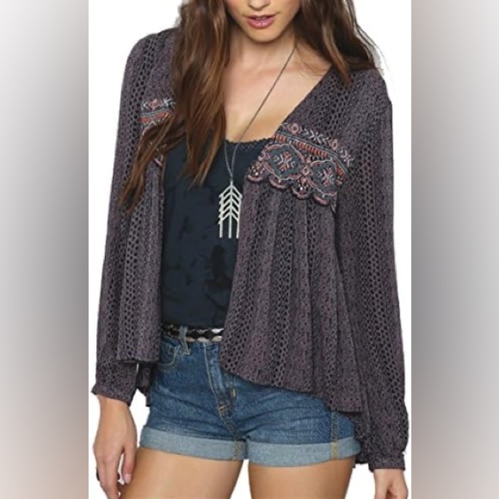 O'Neill Lavender Gray Crochet Open Cardigan with Embroidered Yoke